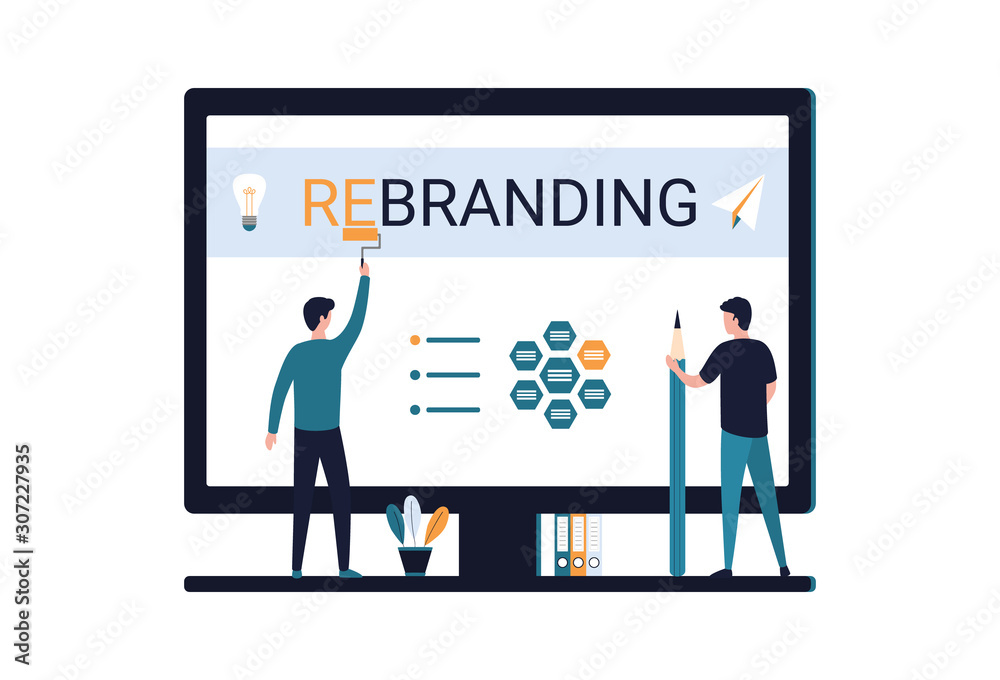 Rebranding concept. Two men create a new look for a company, product, service, manage brand reputation, change name, logo, marketing strategy. Flat vector illustration isolated on white background. Rebranding concept. Two men create a new look for a company, product, service, manage brand reputation, change name, logo, marketing strategy. Flat vector illustration isolated on white background.