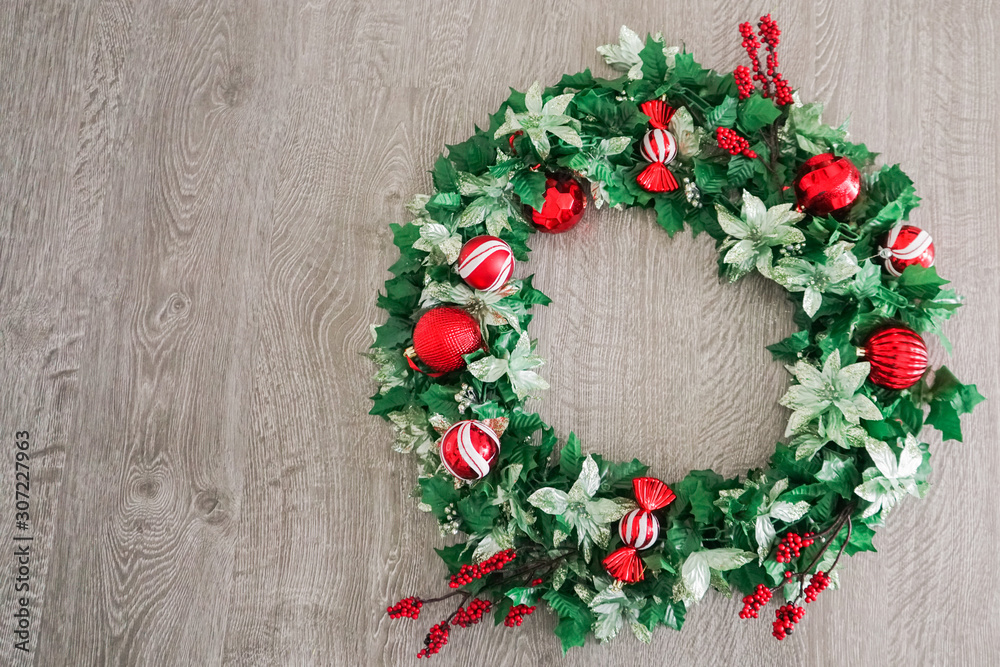 Christmas Wreath on Wooden Background - Right - Dark Contrast Christmas Wreath on Wooden Background - Right - Dark Contrast