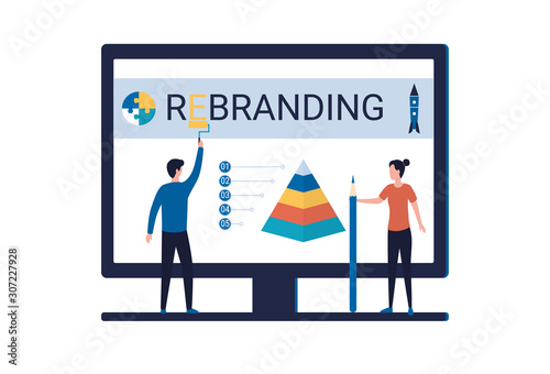 Rebranding concept, creating a new look for a company, product, service. A man and a woman are working on changing the brand image, expanding the scale of the business. Flat vector illustration.
