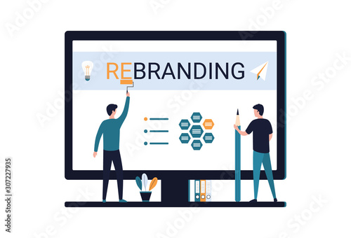 Rebranding concept. Two men create a new look for a company, product, service, manage brand reputation, change name, logo, marketing strategy. Flat vector illustration isolated on white background. photo