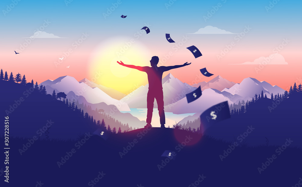 Financial freedom - man doing a freedom pose at sunset, with beautiful  landscape, forest and mountain view, money raining from the sky. Passive  income, rich, success concept in vector illustration. Векторный объект