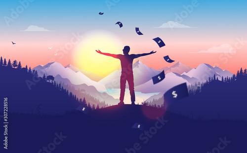 Financial freedom -  man doing a freedom pose at sunset, with beautiful landscape, forest and mountain view, money raining from the sky. Passive income, rich, success concept in vector illustration.