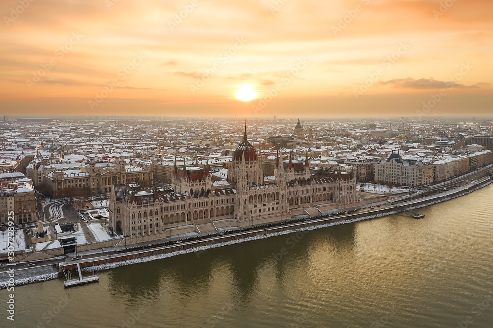 Aerial view about the Hungarian Parliament building. Old, historical and famous building. St stephen basilica in the background