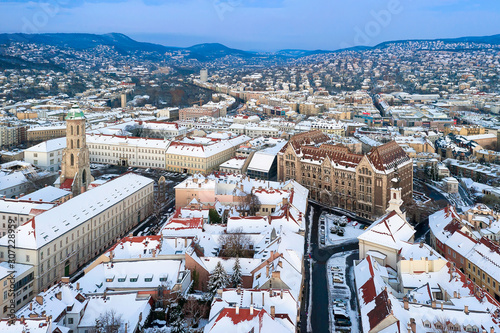 Aerial panoramic photo from the Buda castle with The National Archives of Hungary.  Included Maria Magdolna tower too. photo
