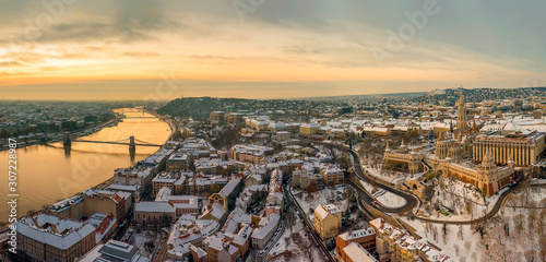Aerial panoramic view from Budapest. Included Danube with Szechenyi chain bridge, Buda castle, Matthias churxh and fishermans bastion.