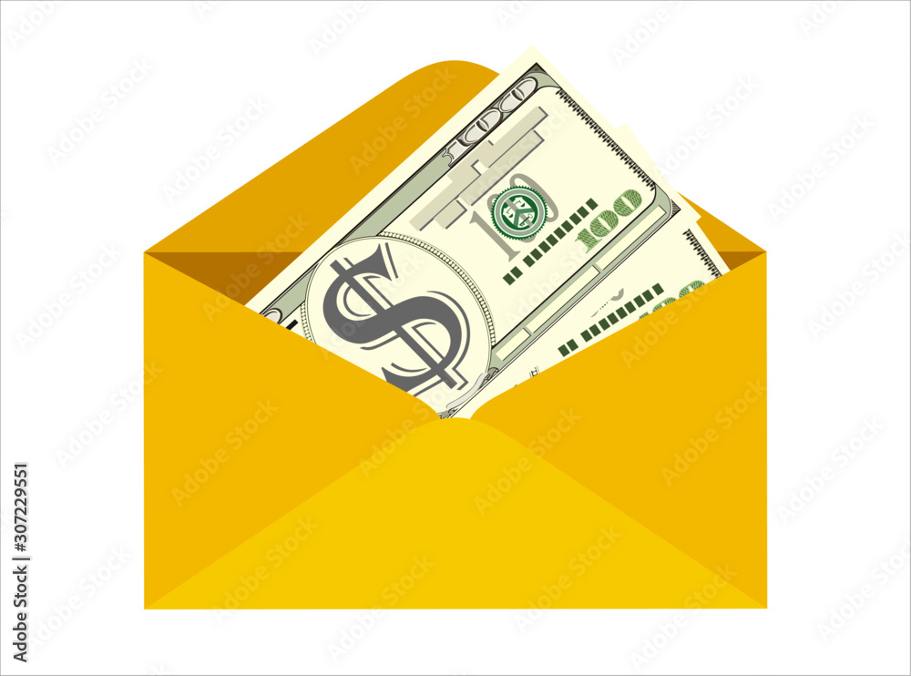 Dollar cash in envelope. Prize, money payroll, income. Send money. Hidden wages, salaries black payments, tax evasion. Vector illustration in flat style Dollar cash in envelope. Prize, money payroll, income. Send money. Hidden wages, salaries black payments, tax evasion. Vector illustration in flat style