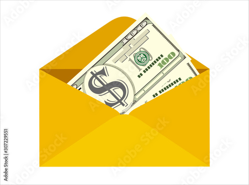 Dollar cash in envelope. Prize, money payroll, income. Send money. Hidden wages, salaries black payments, tax evasion. Vector illustration in flat style