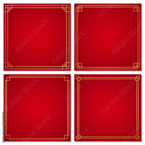 Set of oriental chinese border ornament on red background, vector illustration