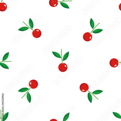 Seamless red ripe cherry berry fruit vector pattern on white background.