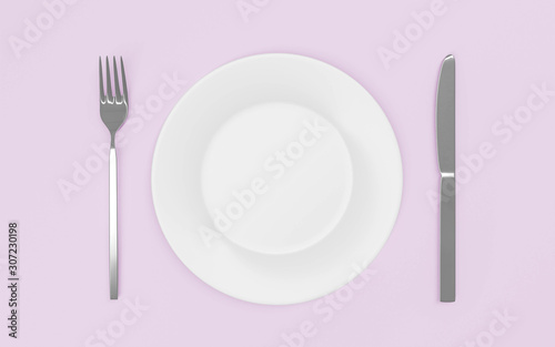 Empty plate, fork and knife - isolated on pink rosee table 3d render illustration