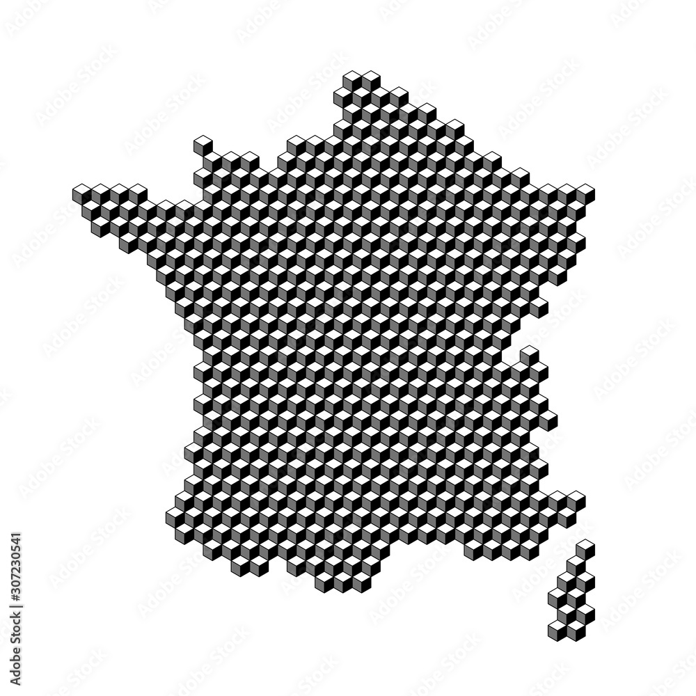 France map from 3D black cubes isometric abstract concept, square pattern, angular geometric shape. Vector illustration.
