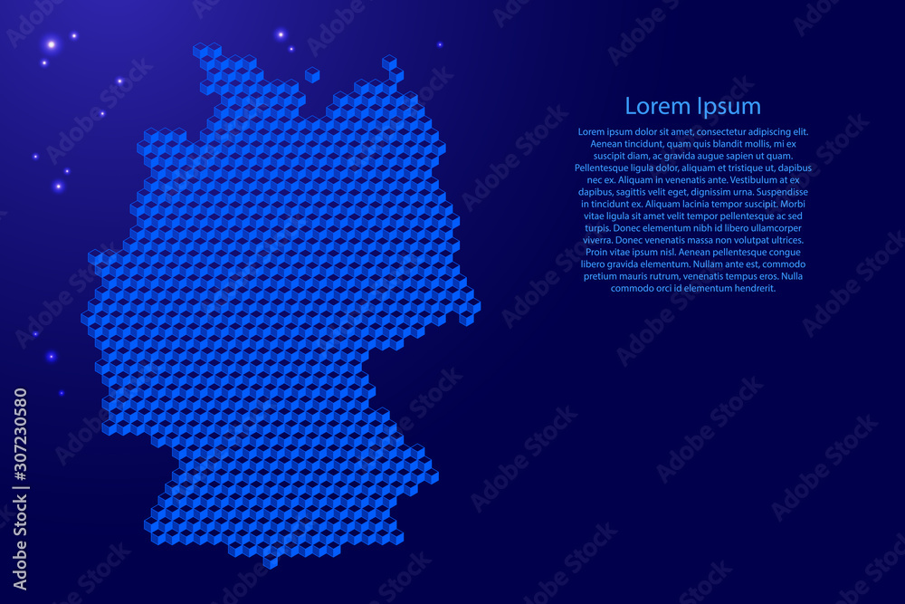 Germany map from 3D blue cubes isometric abstract concept, square pattern, angular geometric shape, glowing stars. Vector illustration.