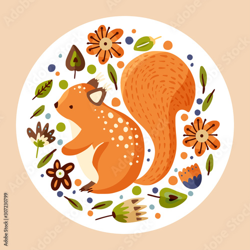Squirrel cute forest illustration in a flat style. Funny woodland art. Ornate vector illustration with floral botanical elements.