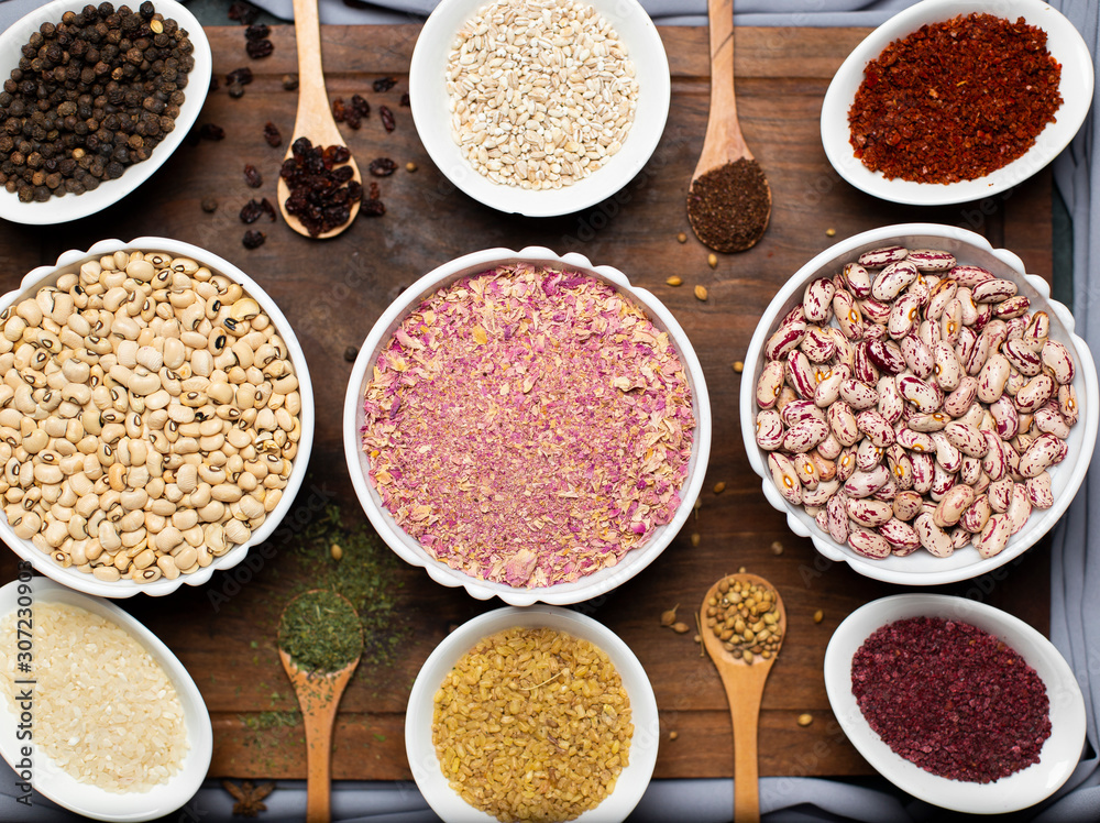 beans, pea, rice, lace and herbs with wooden background beans, pea, rice, lace and herbs with wooden background