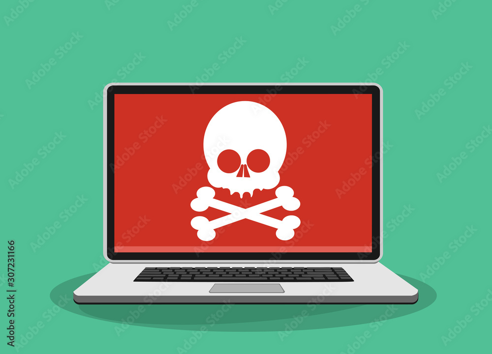 Laptop with skull on the screen. Concept of virus, piracy, hacking and security. Flat vector illustration. Laptop with skull on the screen. Concept of virus, piracy, hacking and security. Flat vector illustration.