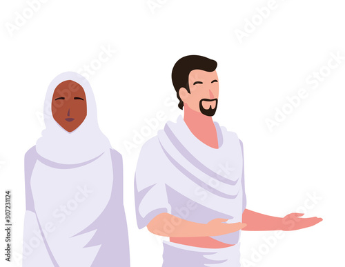 couple of people pilgrims hajj on white background