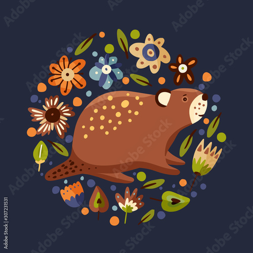 Cartoon cute beaver forest vector animal card in a flat scandinavian style. Woodland hand drawing funny nature round illustration.