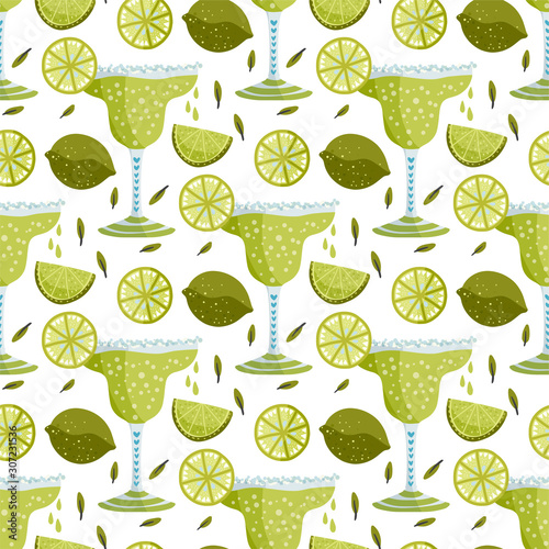 Margarita alcohol cocktail with lime. Vector cartoon flat seamless pattern. Mexican hand drawn illustration with fresh party drink.