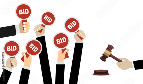 Auction and bidding concept. Hand holding auction paddle. Flat vector illustration.