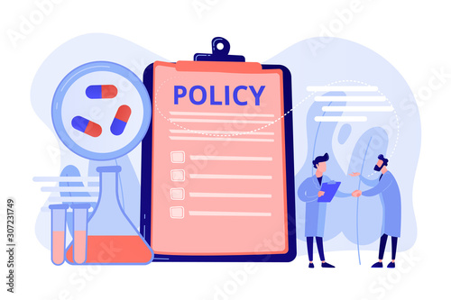 Pharmaceutical policy on clipboard and researchers, tiny people. Pharmaceutical policy, pharmaceutical lobby, drugs production control concept. Pinkish coral bluevector vector isolated illustration