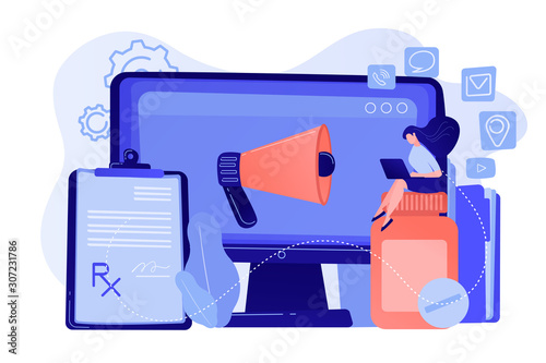 Pharmaceutical representative with laptop sitting on medicine jar. Pharmaceutical marketing, drugs advertising, continuing medical education concept. Pinkish coral bluevector vector isolated