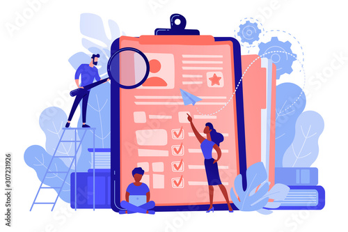 HR managers looking at curriculum vitae of job seeker as a concept of job interview, working experience, recruitment, job application. Pinkish coral blue palette. Vector illustration on white