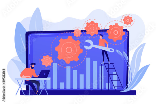 Technical support guys working on repairing a computer hardware and software. Troubleshooting, fixing problems, problem checking concept. Pinkish coral bluevector isolated illustration