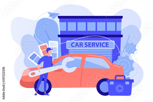 Auto tuner with wrench and toolbox doing vehicle modification at car service. Car tuning, car body shop, vehicle music upgrade concept. Pinkish coral bluevector isolated illustration
