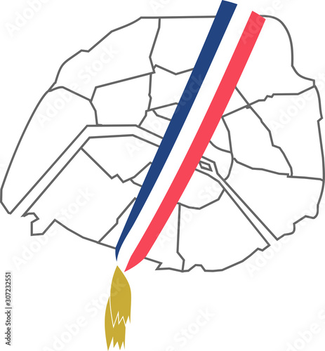 Map of Paris with a tricolour scarf in the colours of the French flag