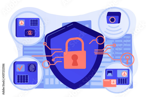 Home protection. Surveillance service. Devices for house security. Access control system, security control solutions, security management concept. Pinkish coral bluevector isolated illustration