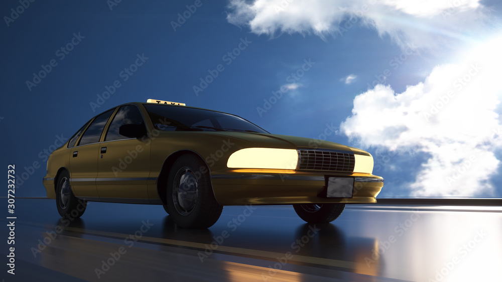Yellow taxi rides on the road, highway. Blue sky background. Transport and logistics concept. 3d Illustration