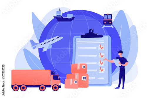 Orders worldwide shipment service agreement. Customs clearance, calculation of customs duties, professional customs clearance services concept. Pinkish coral bluevector isolated illustration photo
