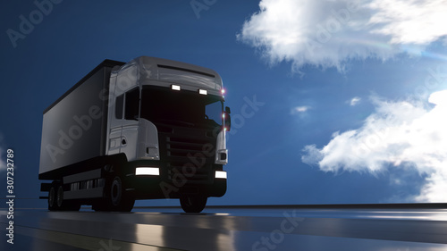 White cargo truck moving on highway. Blue sky background. Transport and logistics concept. 3d Illustration