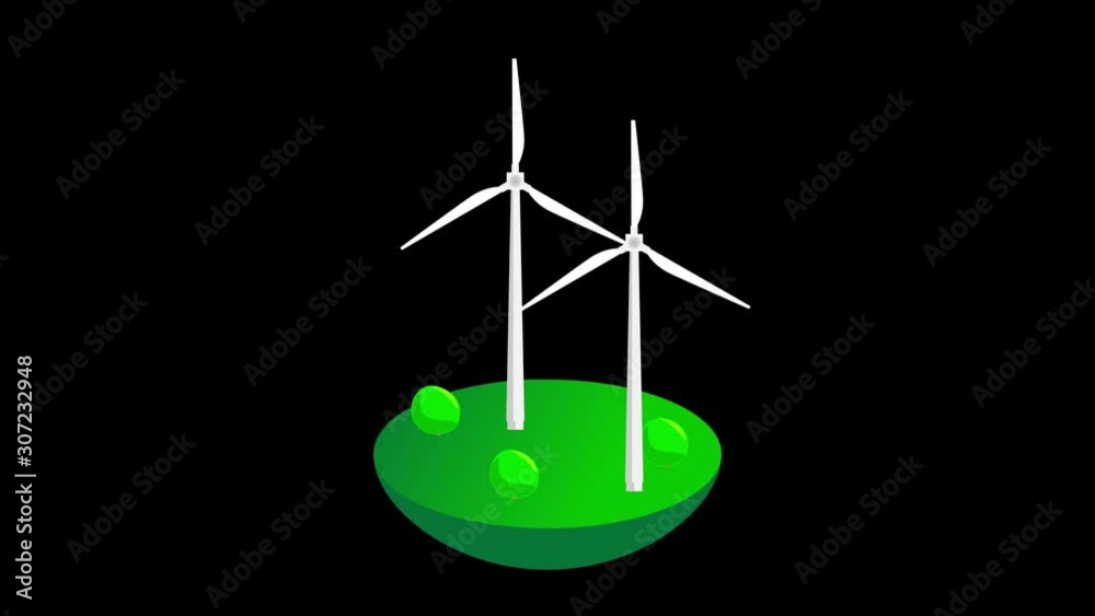Rotating wind turbines on field. Animation of power generation by wind turbines. Animated wind power station. Natural environment friendly power plant. Green eco energy Rotating wind turbines on field. Animation of power generation by wind turbines. Animated wind power station. Natural environment friendly power plant. Green eco energy