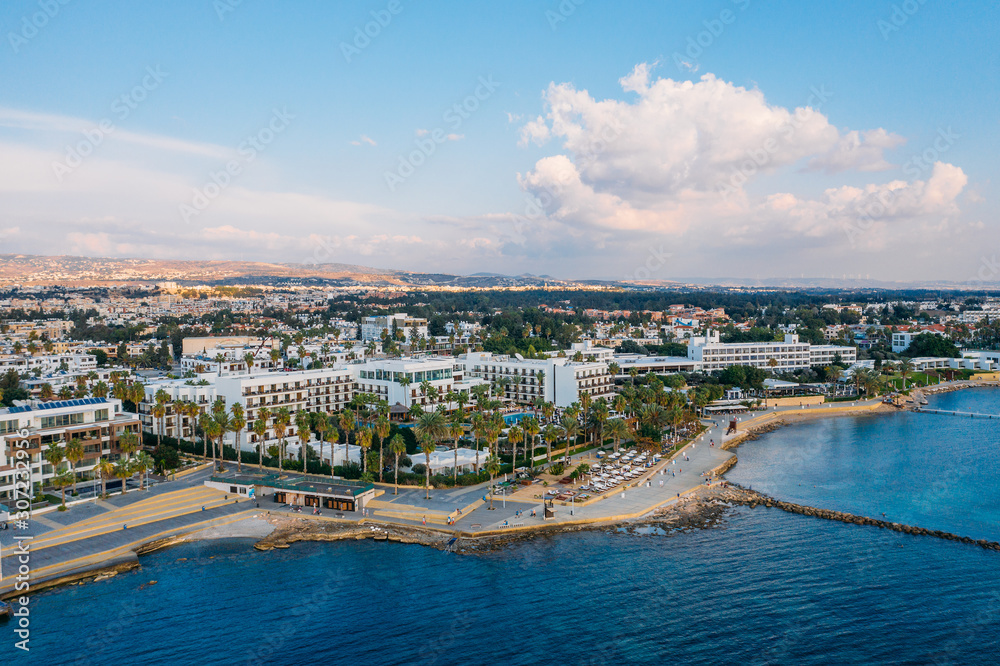 Aerial view of Paphos embankment or promenade from water. Famous Cyprus mediterranean resort. Travel concept, drone photo.