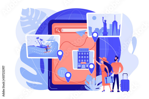 Travel destination choosing, accommodation booking system. Tour navigator, event management mobile app, smart trip navigation online concept. Pinkish coral bluevector isolated illustration
