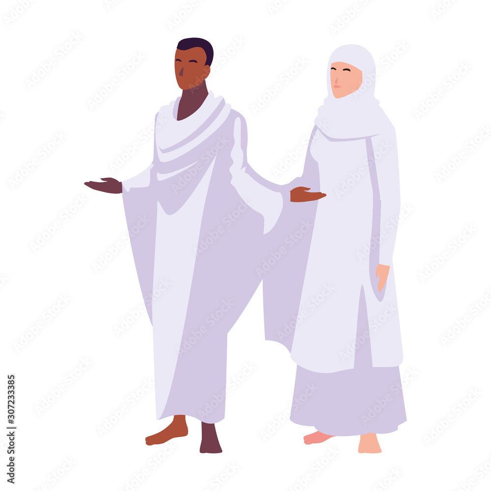 couple of people pilgrims hajj standing on white background couple of people pilgrims hajj standing on white background