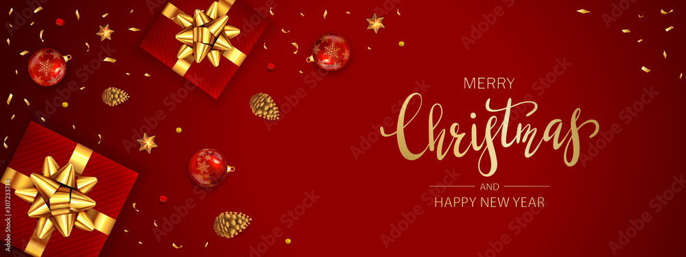 Christmas Balls and Gifts with Golden Holiday Bow on Red Background Christmas Balls and Gifts with Golden Holiday Bow on Red Background