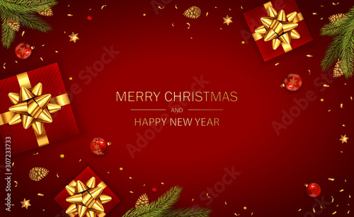 Decorations with Gifts and Christmas Tree Branches on Red Background