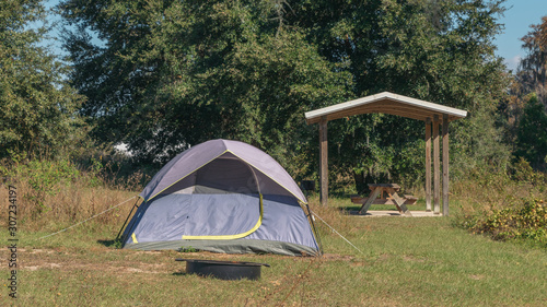 Tent at the campground of Lake Louisa State Park, Florida.