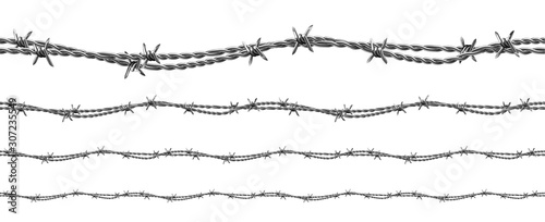 Twisted Barbed Wire Seamless Pattern Set Vector. Collection Of Modern Flexible Metal Wire. Industrial Cord With Spikes For Security And Safety Forbidden Areas Layout Realistic 3d Illustrations