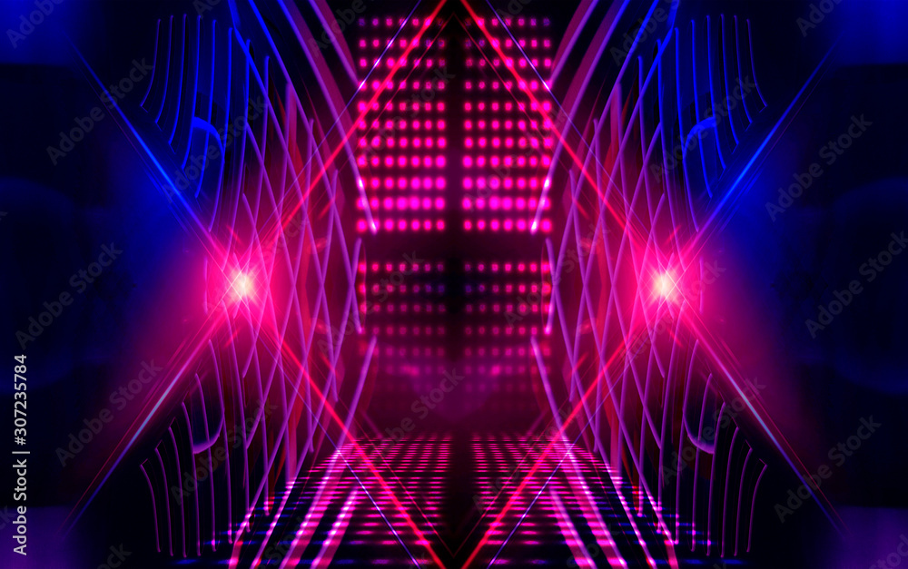 Dark empty scene, neon. Abstract futuristic neon background. Searchlight light, wet asphalt, smoke, night view, rays. Dark empty scene, neon. Abstract futuristic neon background. Searchlight light, wet asphalt, smoke, night view, rays.