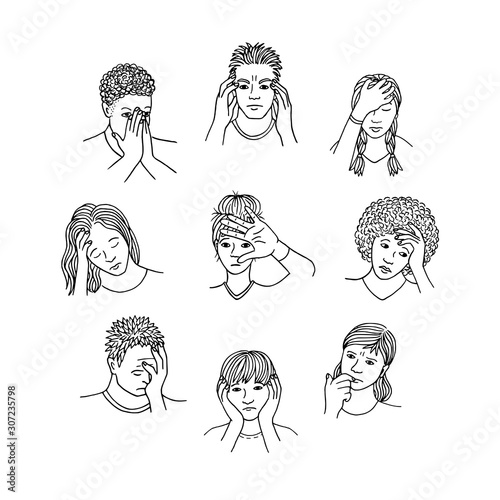 Hand drawn isolated people with sad, depressed and anxious facial expressions, black and white line drawing
