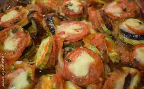 Ratatouille, with tomato, zucchini, cheese, onion and sauce
