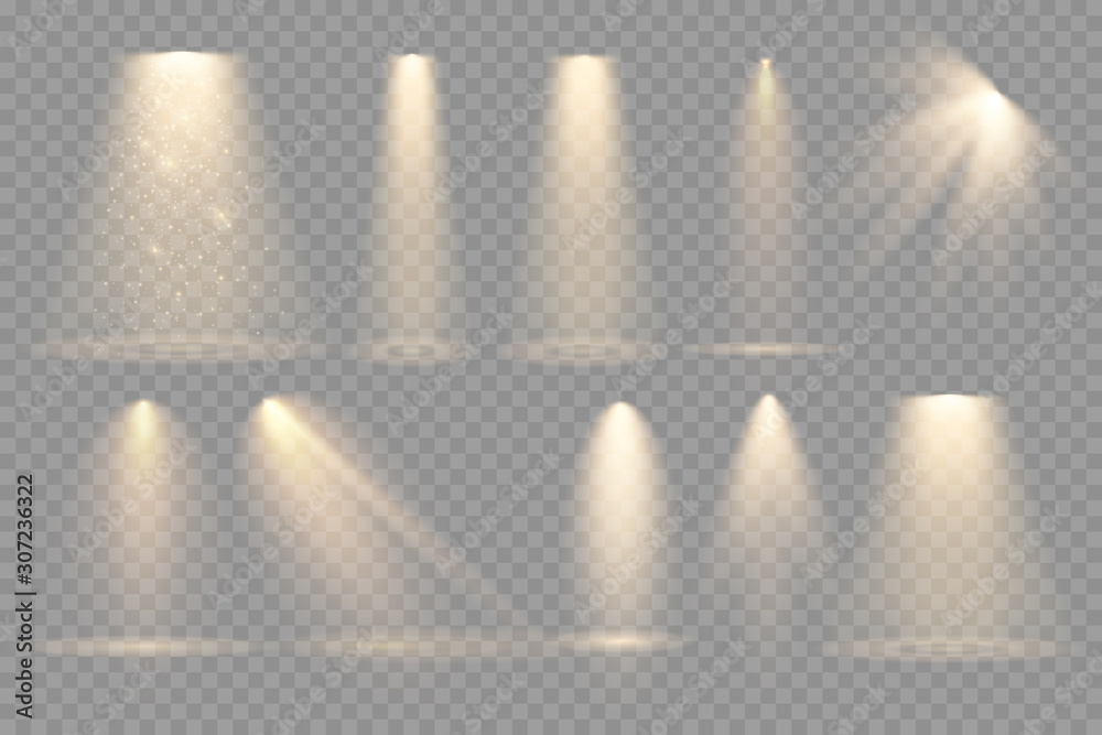 Set of Spotlight isolated on transparent background. Vector glowing light effect  - obrazy, fototapety, plakaty 