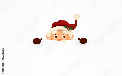 Happy smiling Santa Claus standing behind a blank sign, showing on big blank sign. Cartoon Santa Claus character with white copy space. Santa clause. vector illustration.