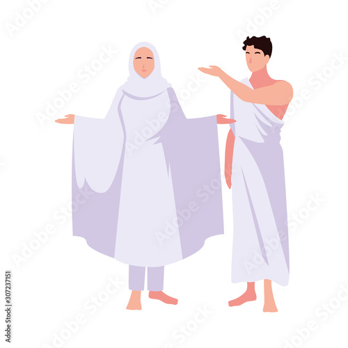 couple of people pilgrims hajj standing on white background