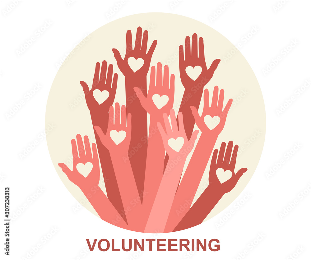 Fototapeta premium Hands with hearts. Raised hands volunteering vector concept
