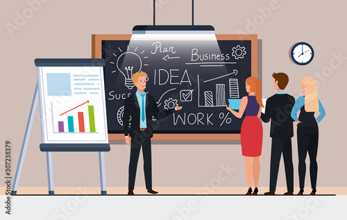 business people and chalkboard with business plan graphics vector illustration design