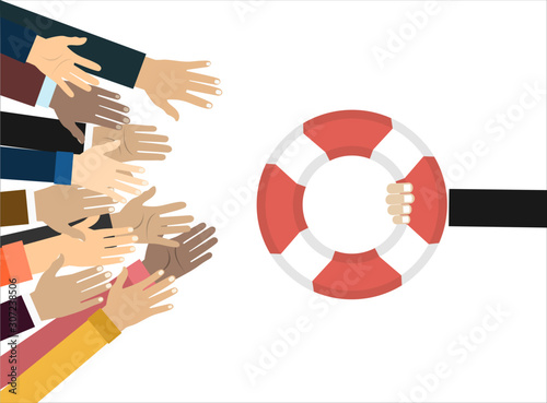 Helping Business to survive. Drowning businessmans getting lifebuoy . Business help, support, survival, investment concept. illustration in flat style